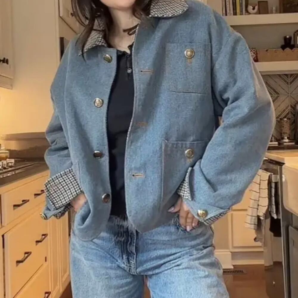 Sandro Denim Jacket SIZE 8 Oversized Barn Chore Coat Jean Tweed Designer $725 - Picture 5 of 12
